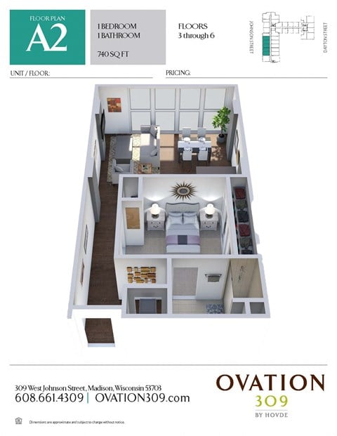 Floor plan for 1 bed, 1 bath, 740 sqft